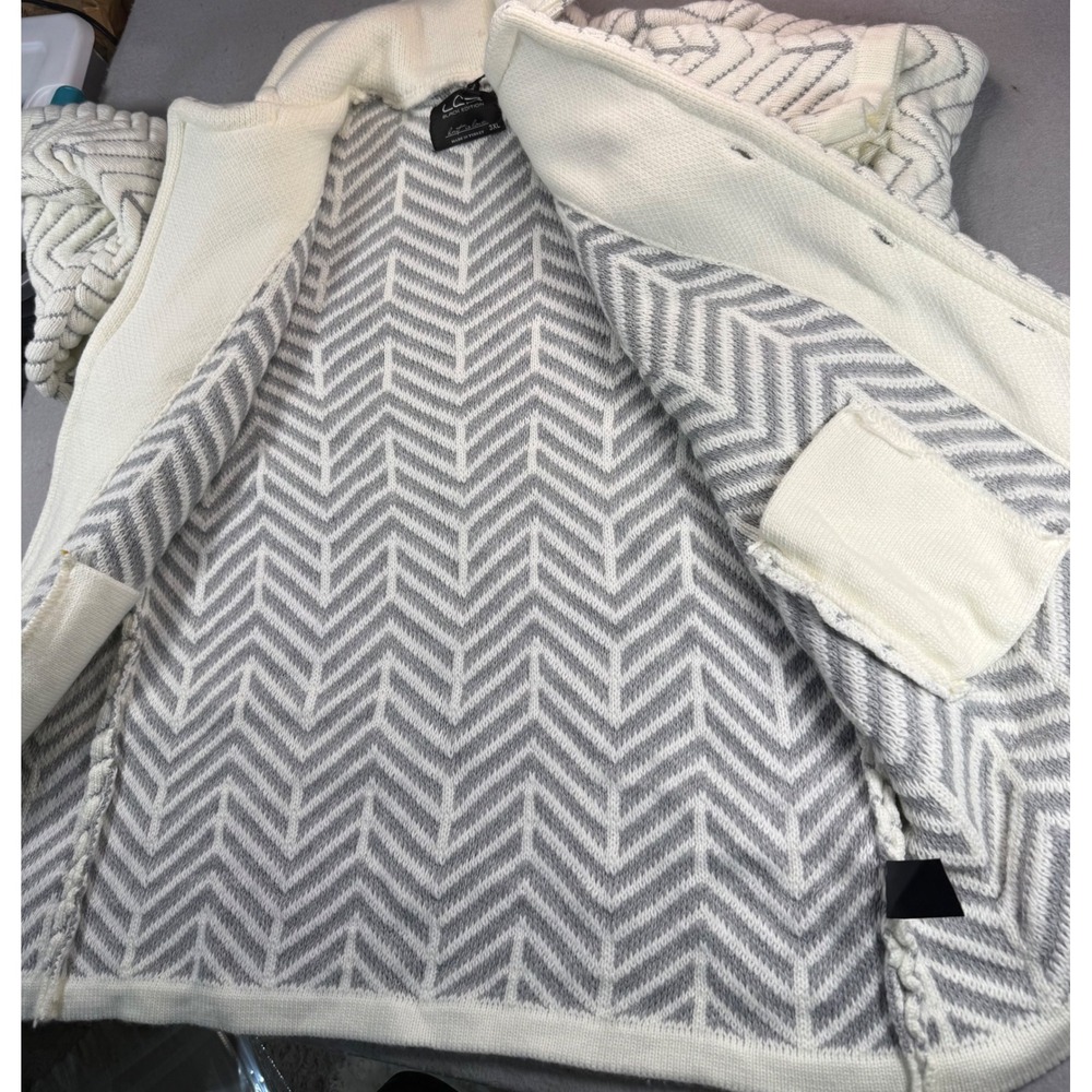 LCR Black Edition Mens 3XL Ecru Grey Chevron Knit Double Breasted Cardigan Coat - Picture 7 of 8